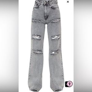 Pretty little thing Grey Acid Wash Ripped Wide Leg Jeans
